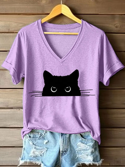 Women's Cute Cat Print V-Neck T-Shirt