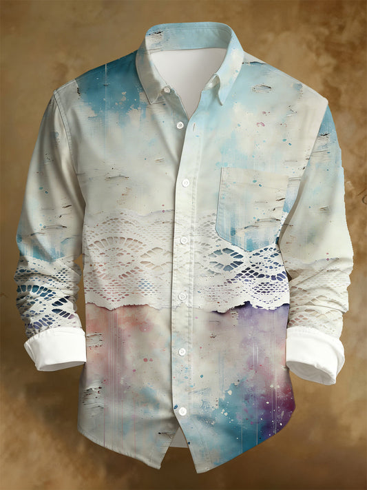 Men's Business Style Distressed Printed Long-Sleeved Shirt