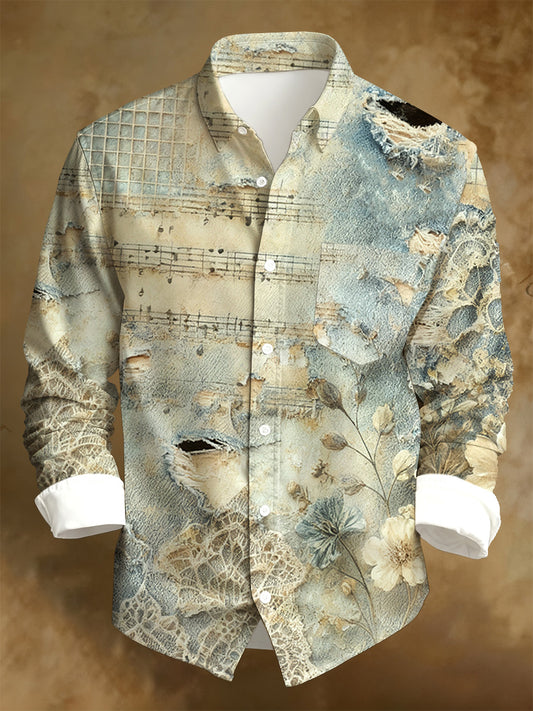 Men's Business Style Distressed Printed Long-Sleeved Shirt