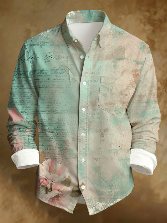 Men's Business Style Distressed Printed Long-Sleeved Shirt