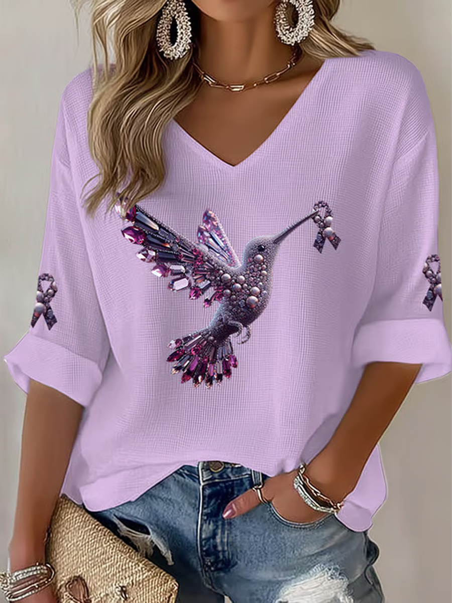 Women's  Hummingbird Print Casual Waffle T-shirt