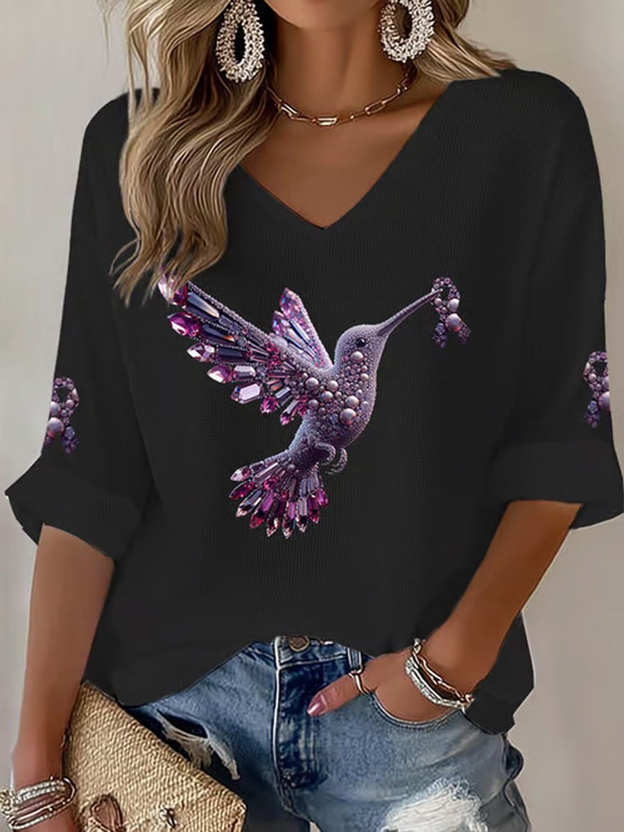 Women's  Hummingbird Print Casual Waffle T-shirt