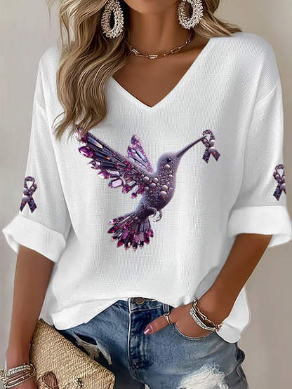 Women's  Hummingbird Print Casual Waffle T-shirt
