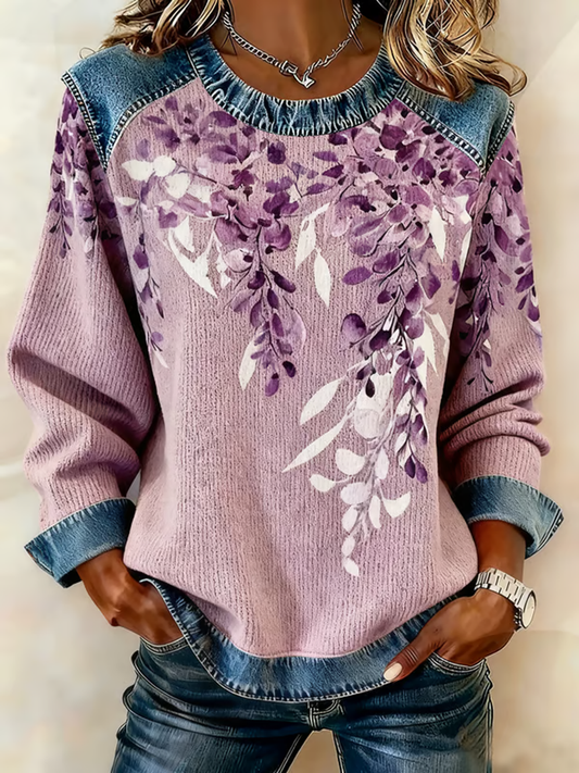 Women's winter purple floral print Denim Patchwork Top