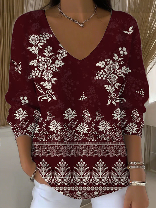 Women's Classic Red - White Floral Print V - Neck Sweater