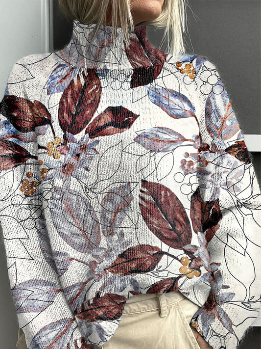 Women's Floral Leaf Elegant High-Neck Jumper