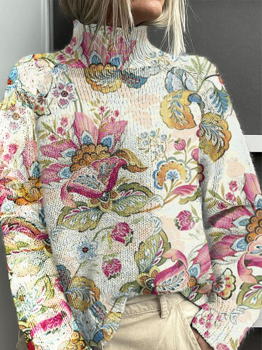 Women's Colourful Floral Half-Turtleneck Jumper