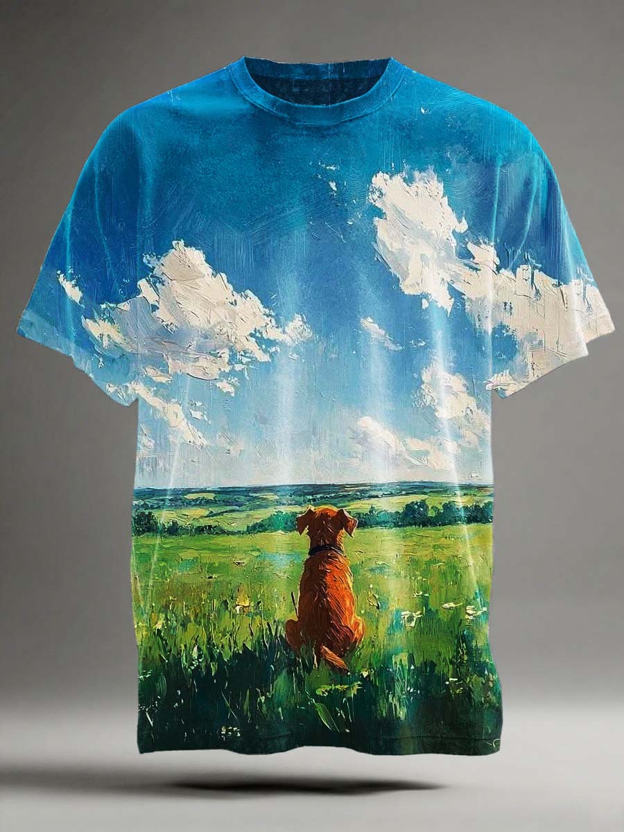 Puppy Blue Sky and White Clouds Landscape Print Casual Short-Sleeve T-Shirt