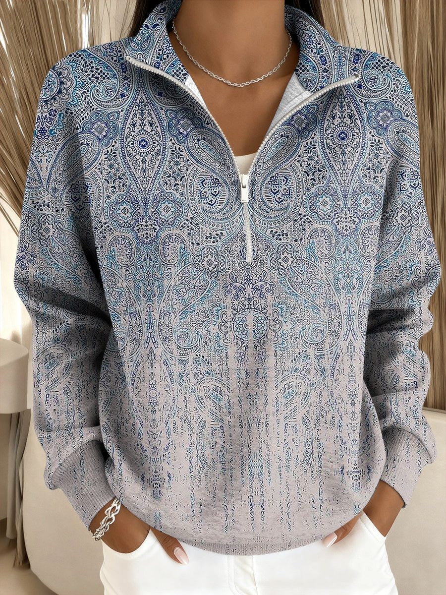 Women's Vintage Gradient Ethnic Print Casual Stand Collar Pullover