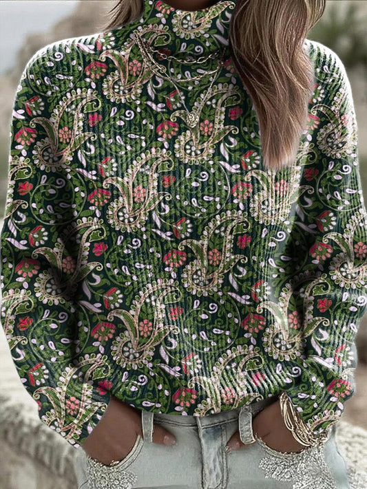 Women's Green Paisley Comfortable Turtleneck Jumper