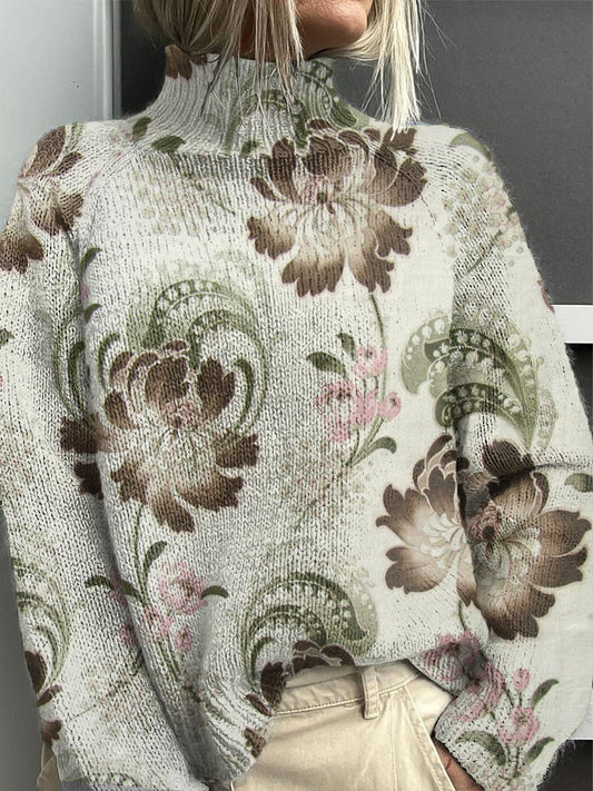 Women's Light Green Floral Turtleneck Jumper