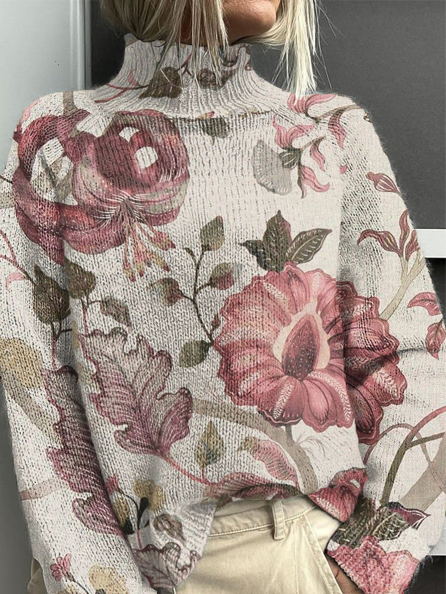 Women's Khaki Floral Casual Turtleneck Jumper