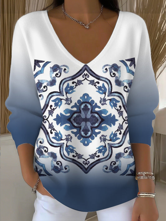 Women's Stylish Blue Gradient Tile Print V - Neck Sweater