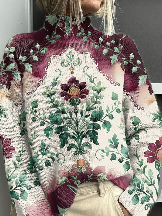 Women's Elegant Purple Floral Half-Turtleneck Jumper