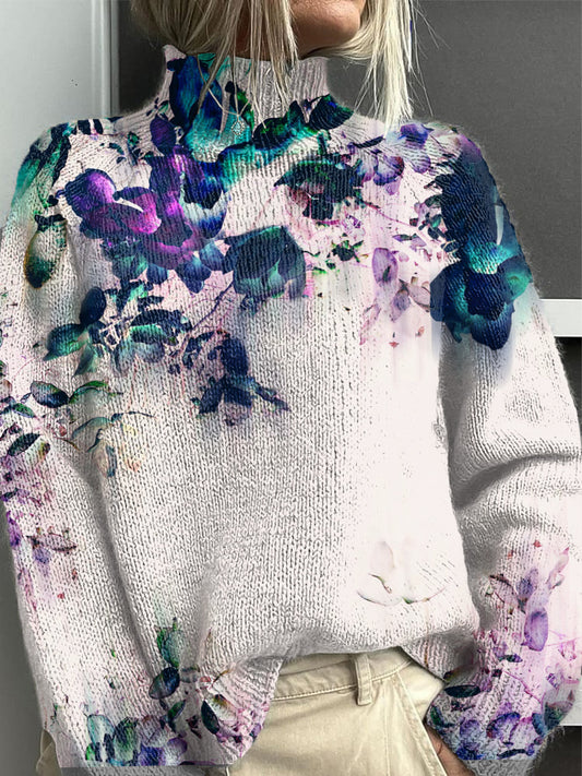 Women's Floral Colourful Fashion Turtleneck Jumper