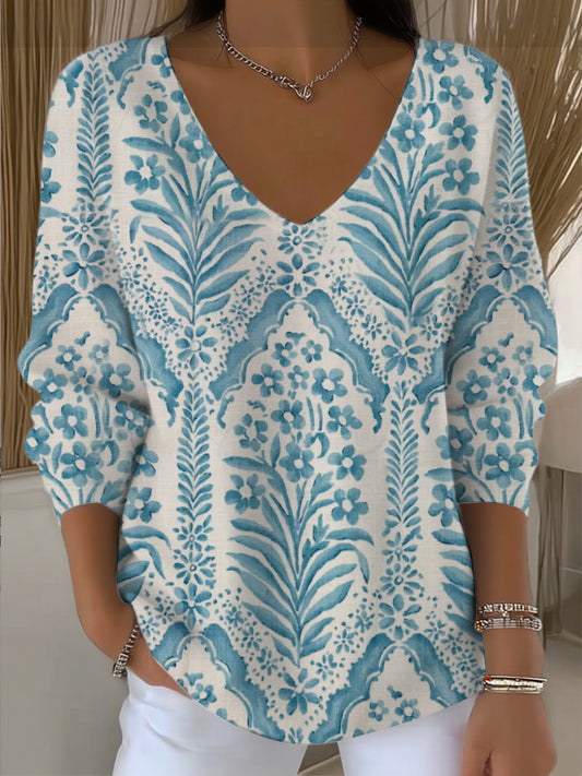 Women's Elegant Blue Floral Pattern V - Neck Sweater
