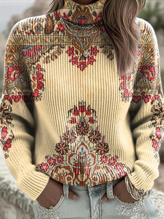Women's Yellow Ethnic Floral High-Neck Jumper