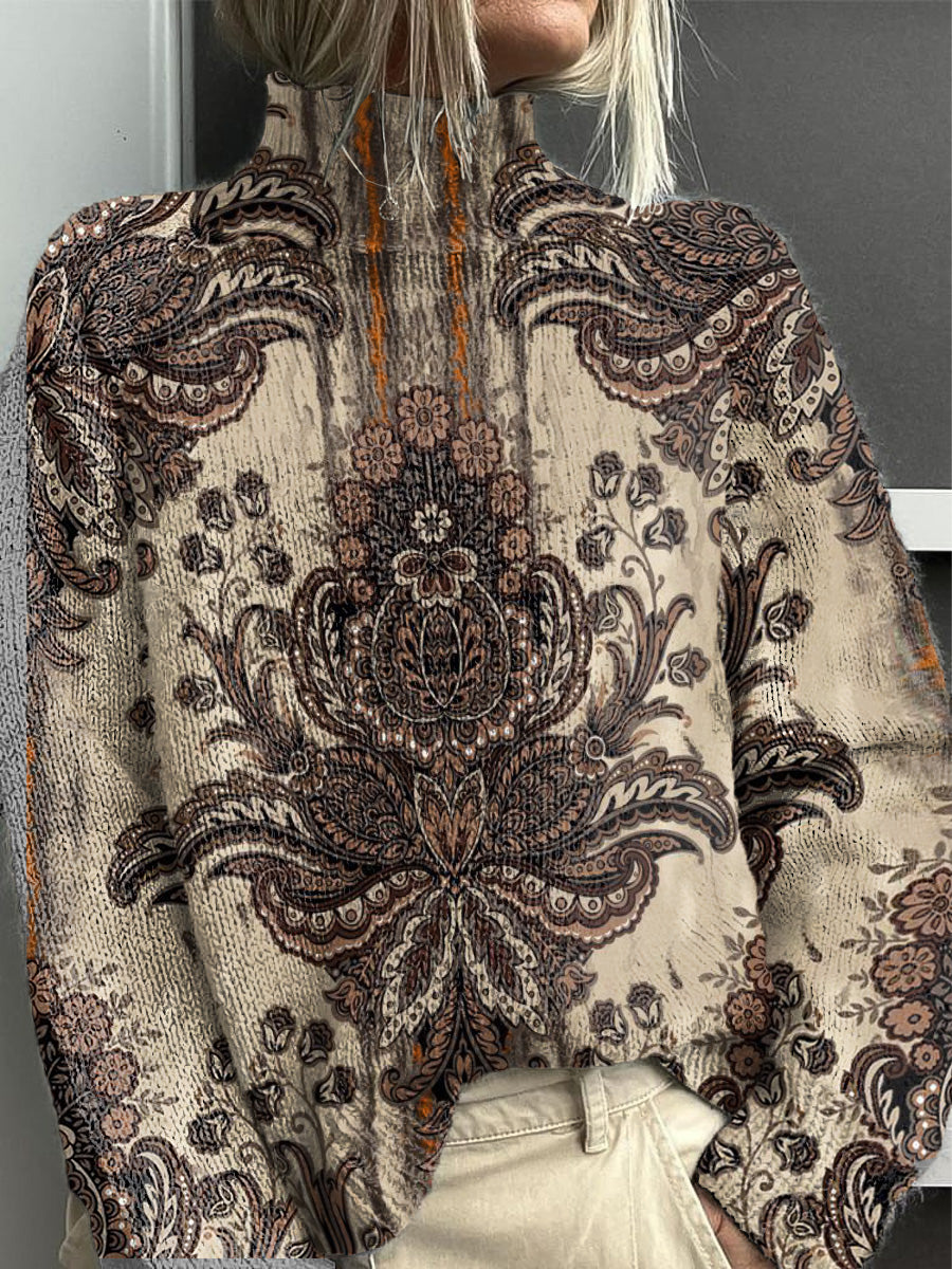 Women's Ethnic Floral Casual Turtleneck Sweater