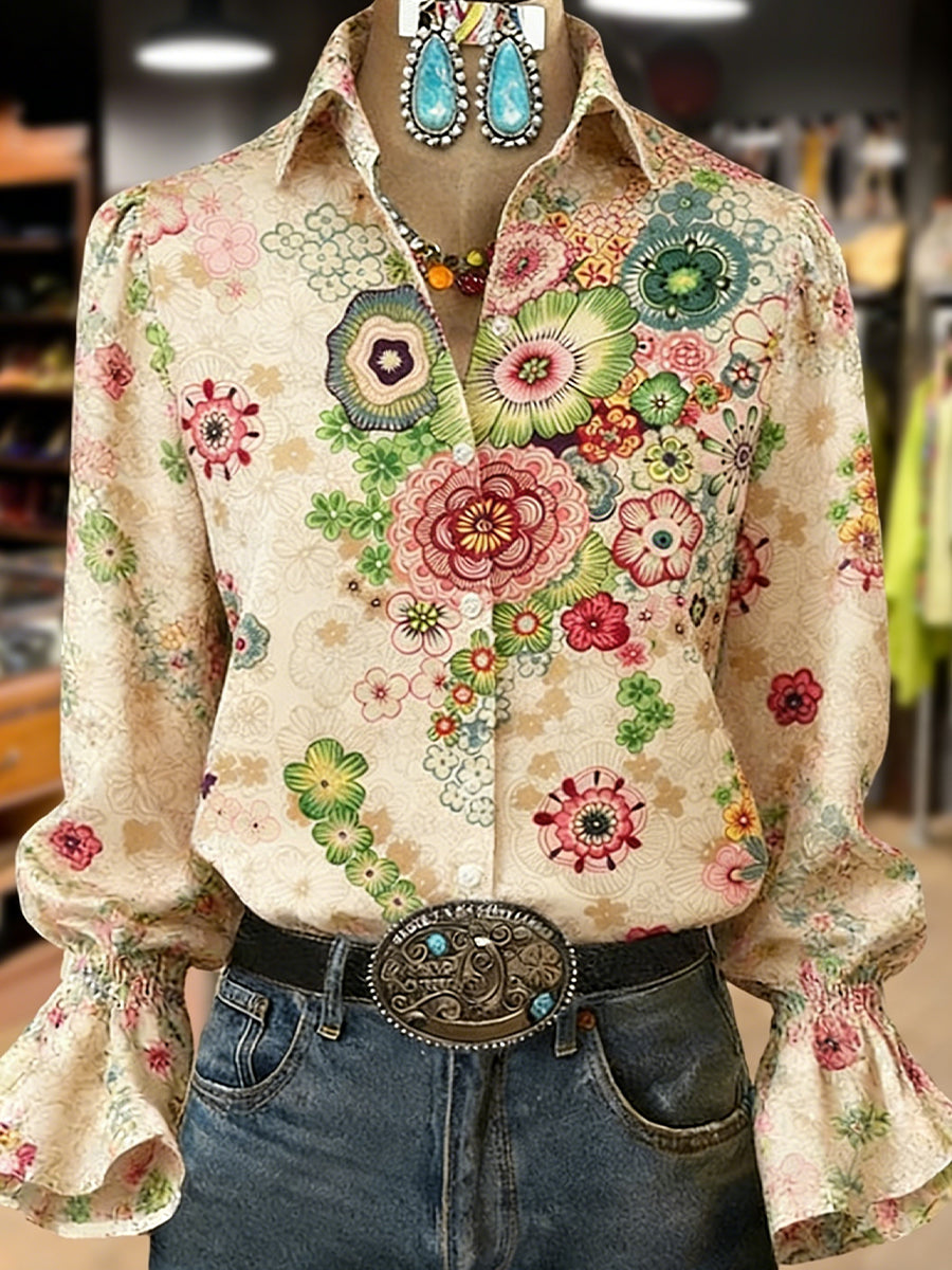 Women's Retro Plants Flowers Art Print Collared Long Sleeve Top