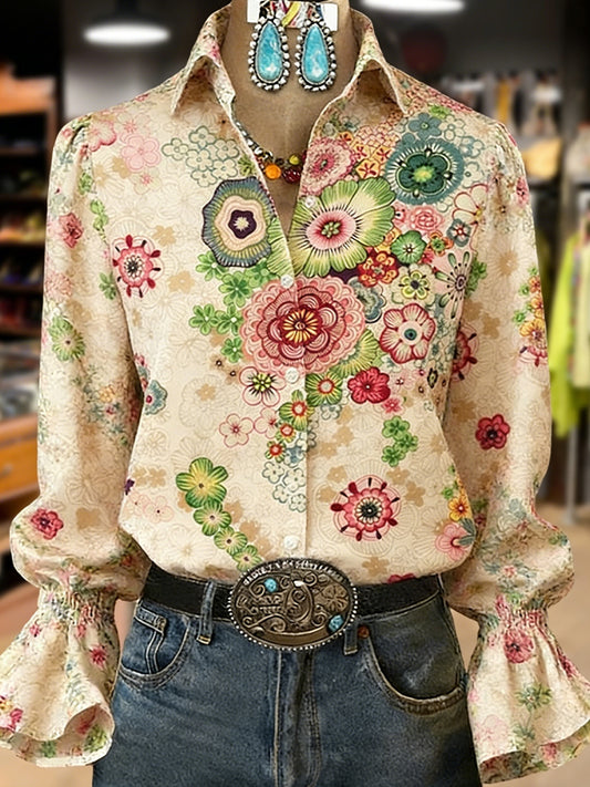 Women's Retro Plants Flowers Art Print Collared Long Sleeve Top