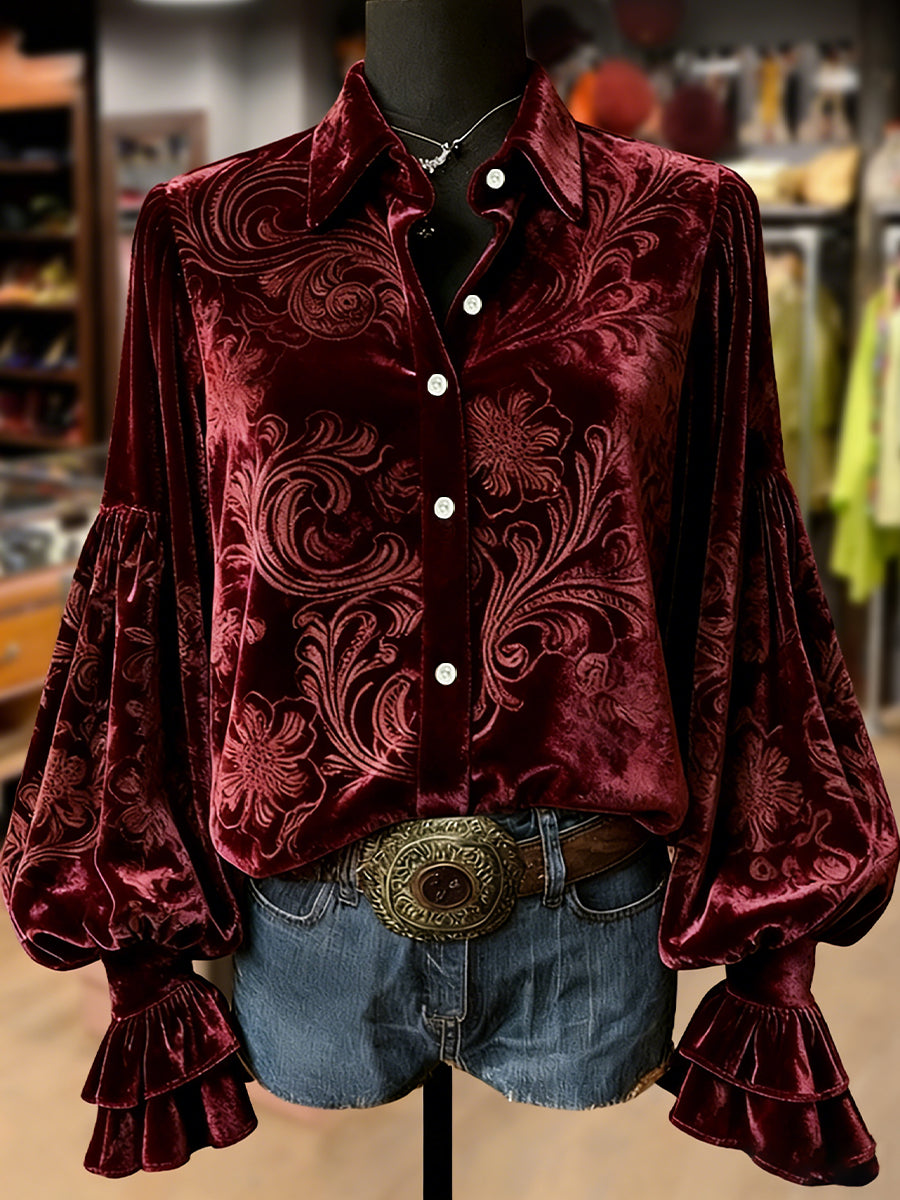 Women's Retro Plants Flowers Art Print Long Sleeve Top