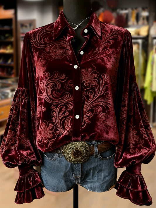 Women's Retro Plants Flowers Art Print Long Sleeve Top