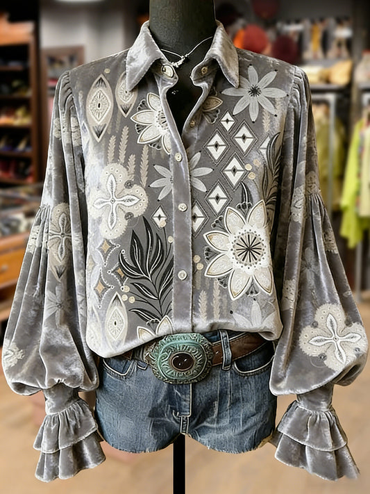 Women's Retro Plants Flowers Art Print Long Sleeve Top