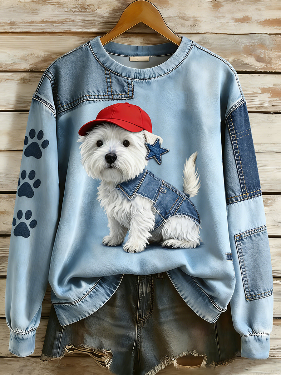 Women's Retro Denim Patchwork Animal Art Print Casual Comfort Long-Sleeve Sweatshirt