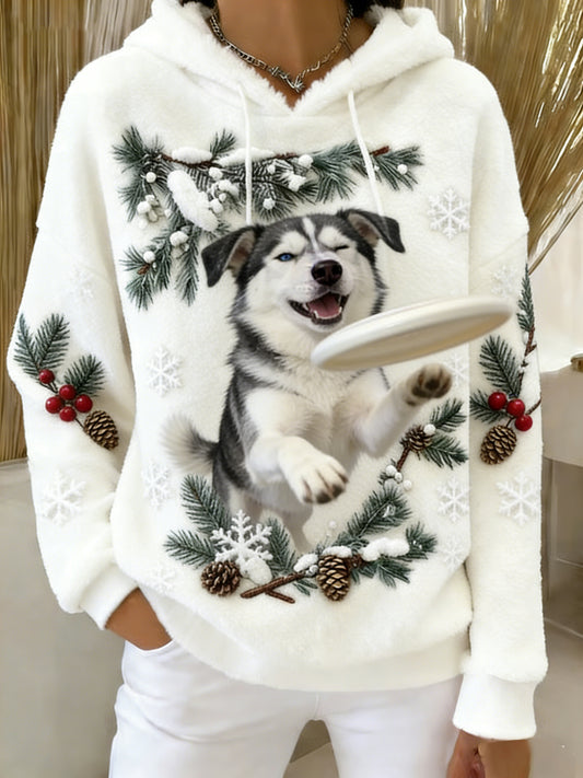 Women's Retro Animal Art Print Comfortable Flannel Hooded Sweatshirt