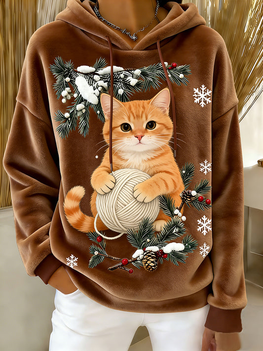 Women's Retro Animal Art Print Comfortable Flannel Hooded Sweatshirt