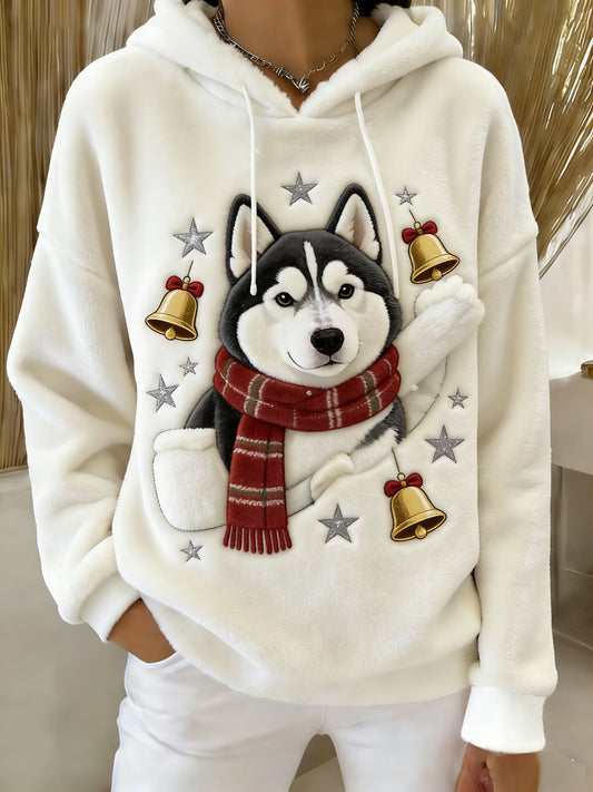 Women's Retro Animal Art Print Comfortable Flannel Hooded Sweatshirt