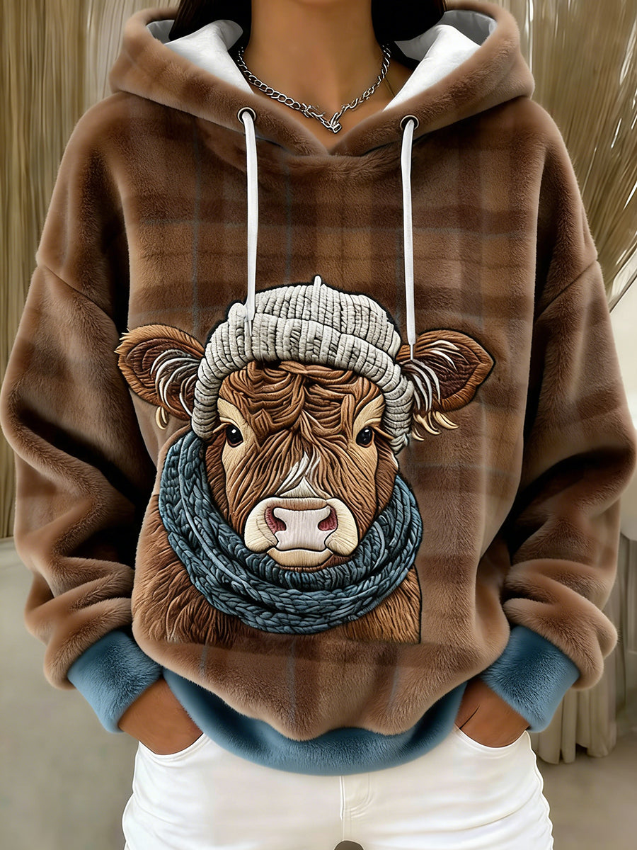 Women's Winter Cute Highland Cow  Flannel Hoodie