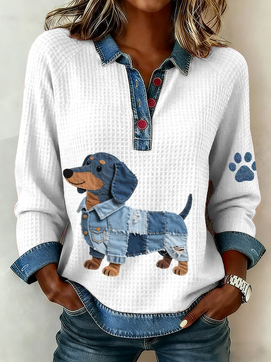 Women's Denim Patchwork Art Dachshund Dog Pattern Waffle Top