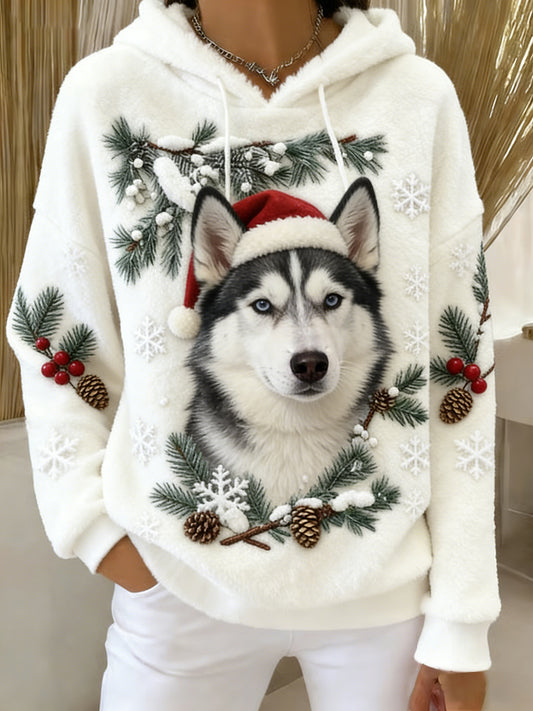 Women's Retro Animal Art Print Comfortable Flannel Hooded Sweatshirt