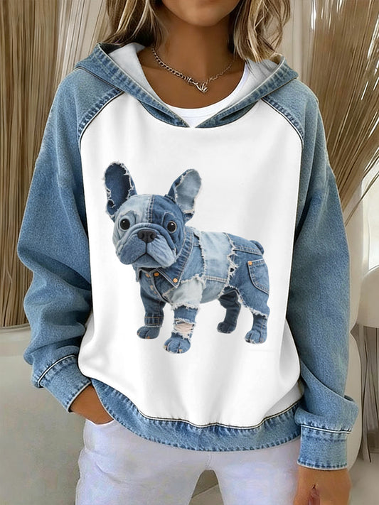 Women's Lovely French Bulldog Pattern Denim Patchwork Hoodie