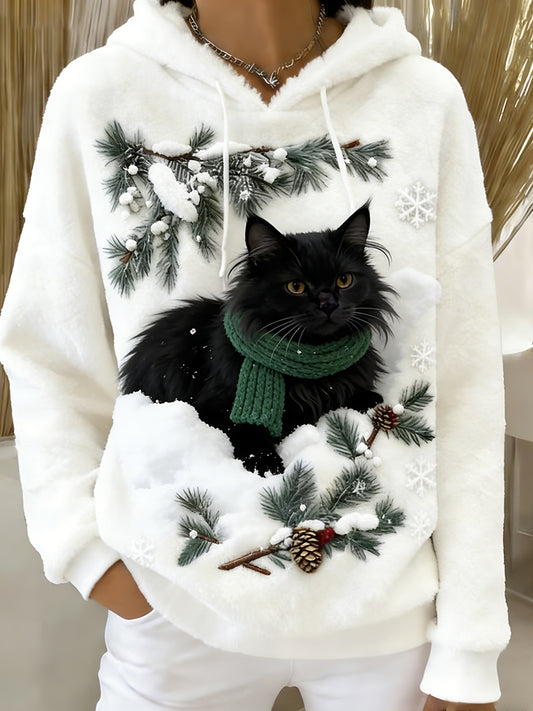 Women's Retro Animal Art Print Comfortable Flannel Hooded Sweatshirt