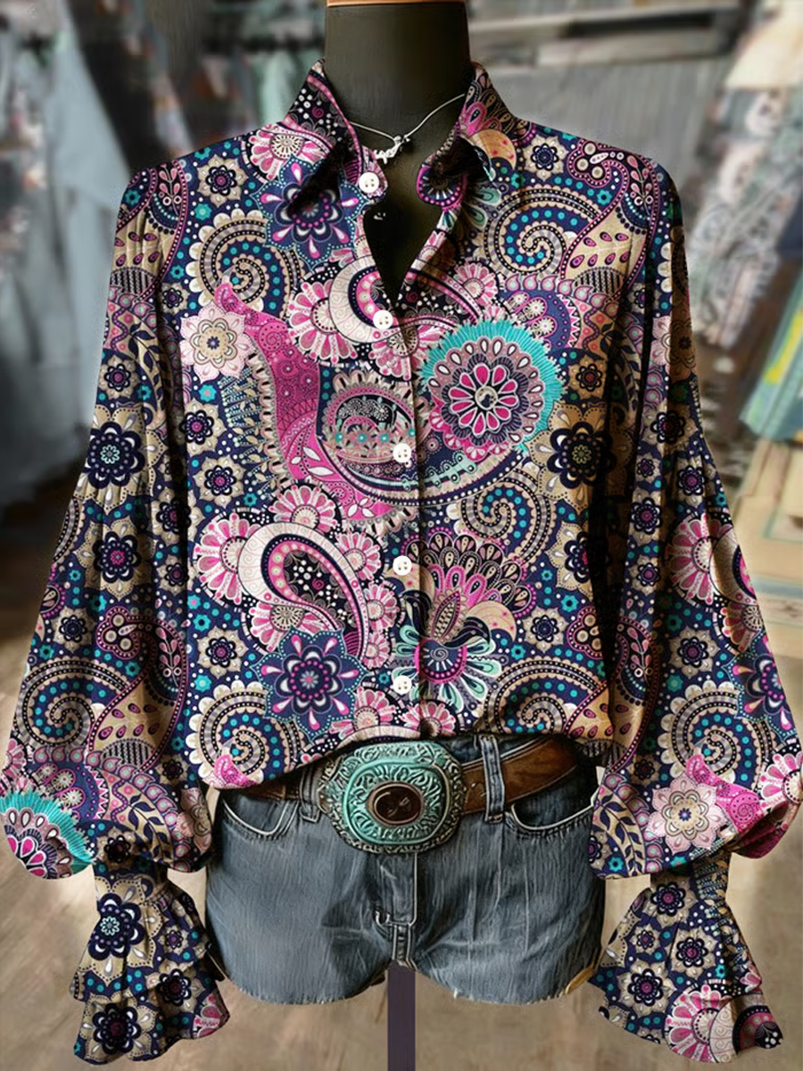 Women's Western Vintage Paisley Print Long Sleeve velvet Shirt