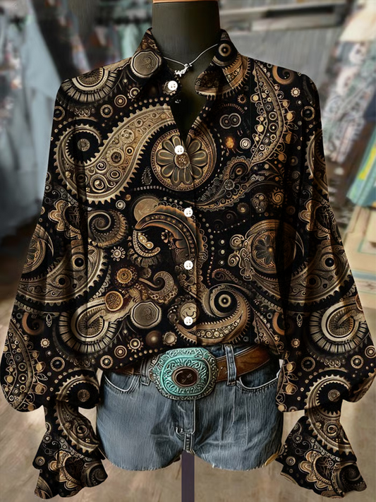 Women's Western Vintage Paisley Print Long Sleeve velvet velvet Shirt