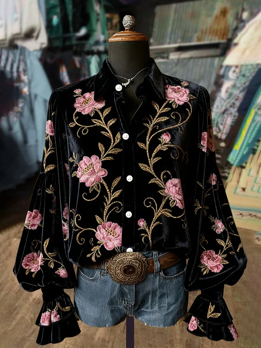 Women's Western Vintage Floral Print Long Sleeve Shirt